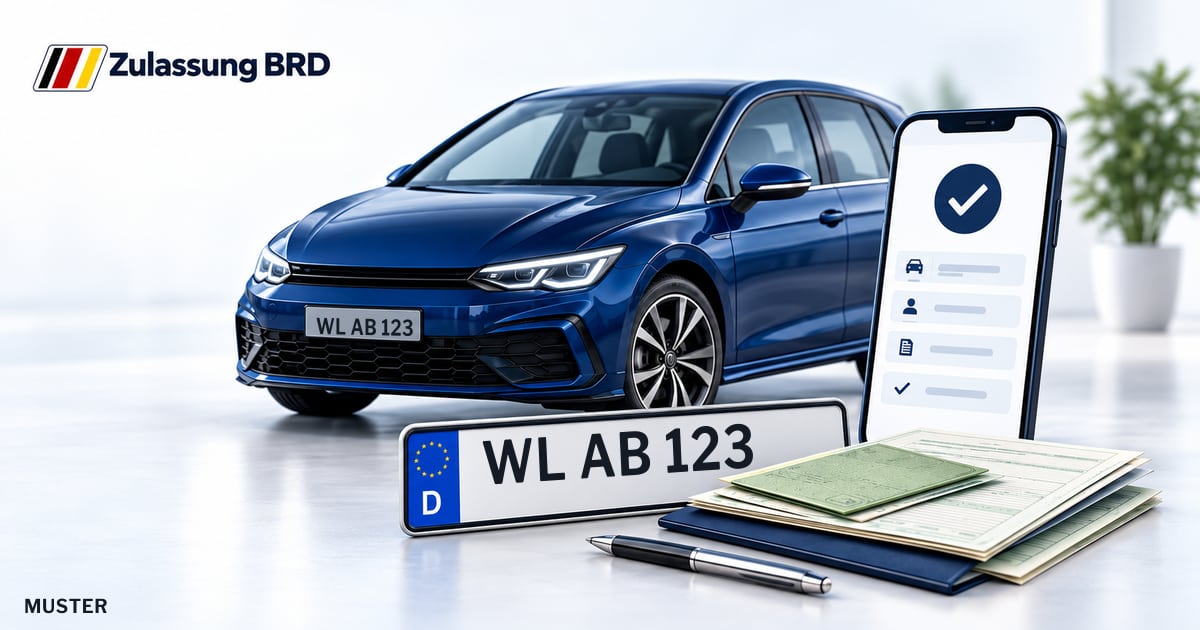 Online Fahrzeugzulassung in Rosengarten: Musterkennzeichen WL AB 123, Auto und Fahrzeugpapiere und Smartphone. Illustration mit Logo von Zulassung BRD.
